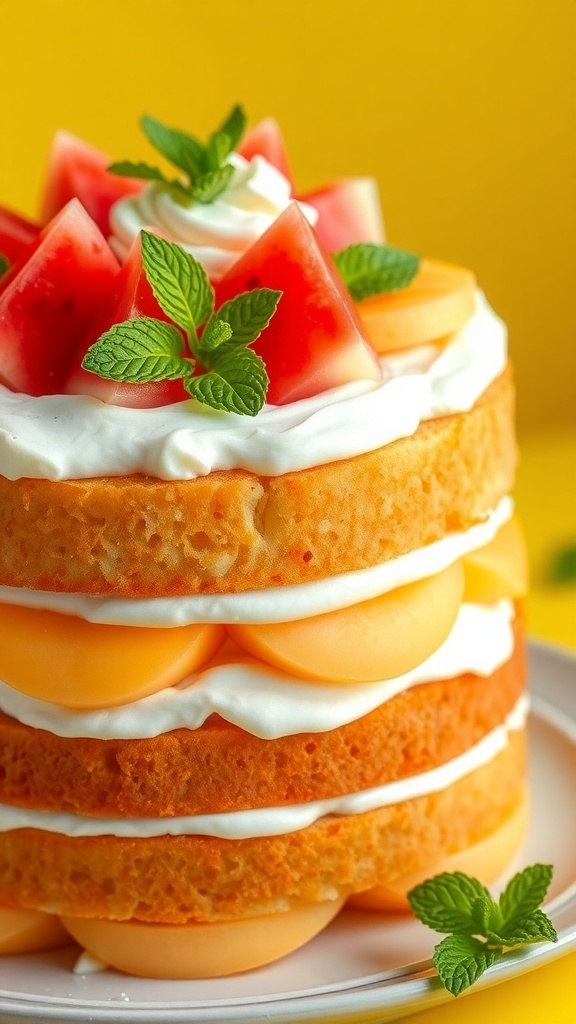 A refreshing melon cake with layers of sponge cake, whipped cream, and assorted melon slices, garnished with mint leaves.